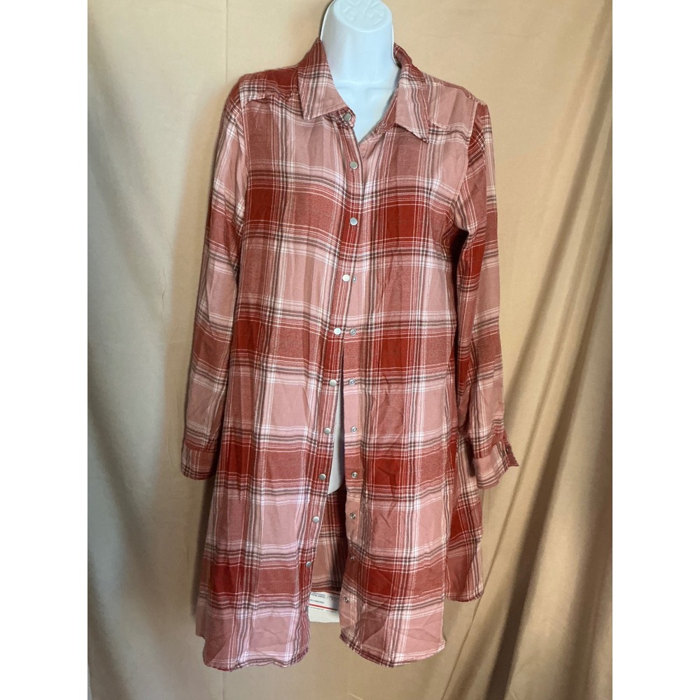 Maurices Plaid Shirt Dress Womens Pink Terracotta Snap Front Duster Pockets